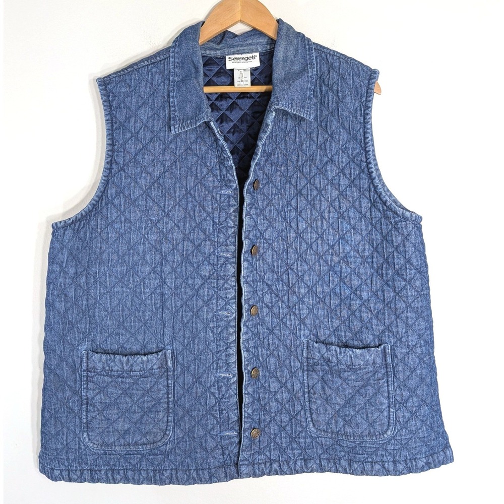 Serengeti Blue Denim Vest; Quilted Cotton Snap Front Pockets